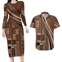 Pasifika Women's Day - Samoa Siapo Malu Tattoo Inspired Couples Matching Long Sleeve Bodycon Dress and Hawaiian Shirt Brown