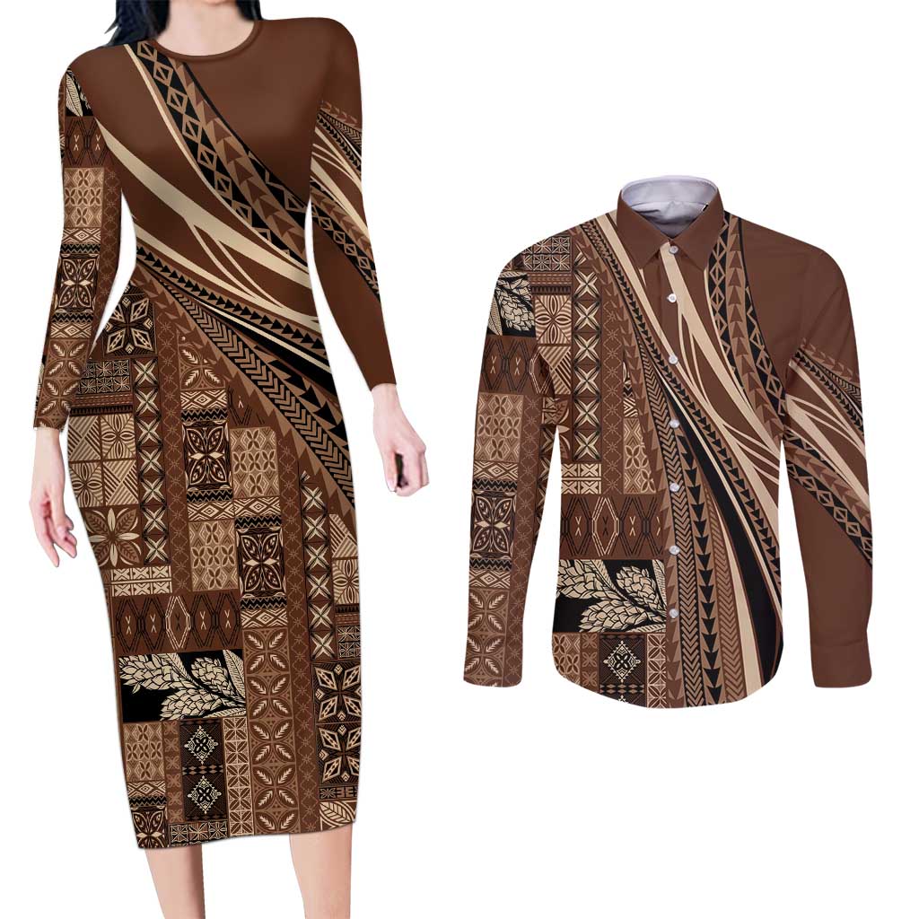 Pasifika Women's Day - Samoa Siapo Malu Tattoo Inspired Couples Matching Long Sleeve Bodycon Dress and Long Sleeve Button Shirt Brown