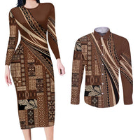 Pasifika Women's Day - Samoa Siapo Malu Tattoo Inspired Couples Matching Long Sleeve Bodycon Dress and Long Sleeve Button Shirt Brown