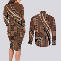 Pasifika Women's Day - Samoa Siapo Malu Tattoo Inspired Couples Matching Long Sleeve Bodycon Dress and Long Sleeve Button Shirt Brown
