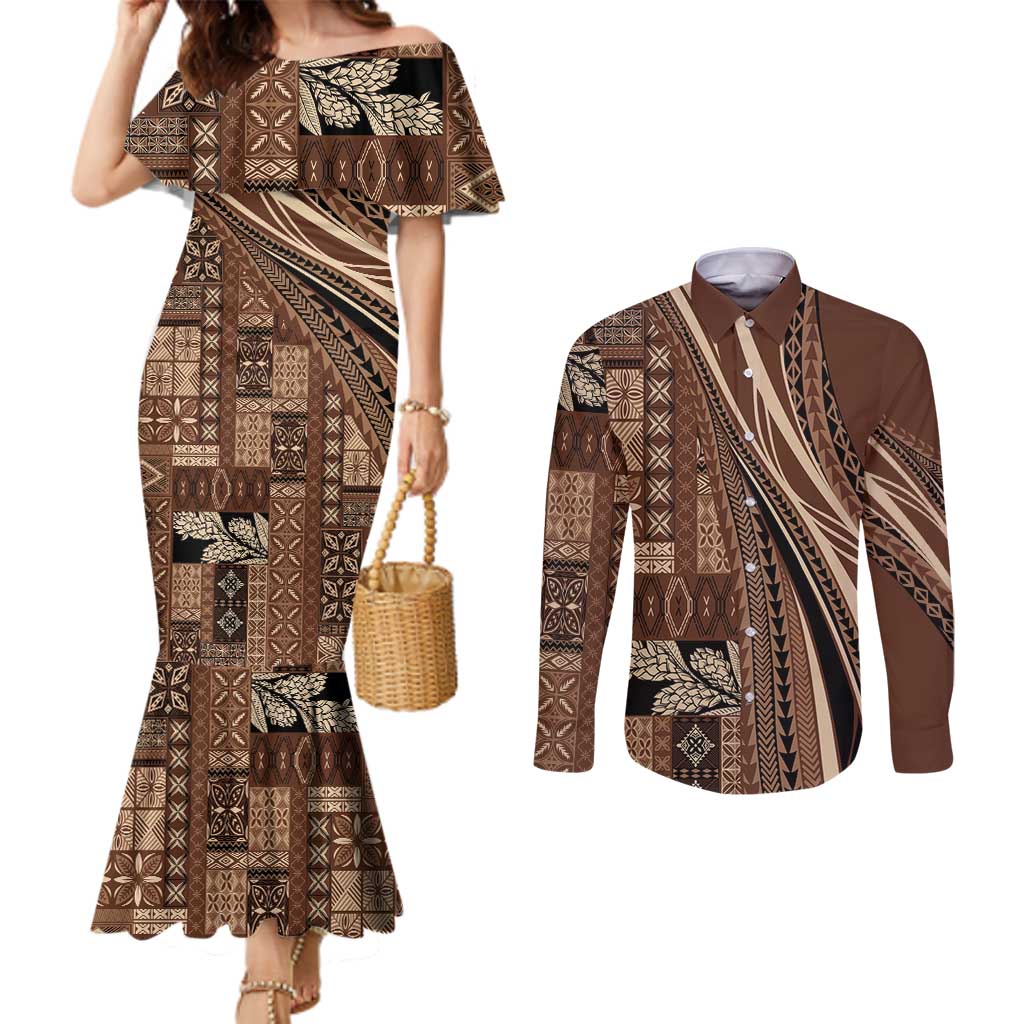 Pasifika Women's Day - Samoa Siapo Malu Tattoo Inspired Couples Matching Mermaid Dress and Long Sleeve Button Shirt Brown