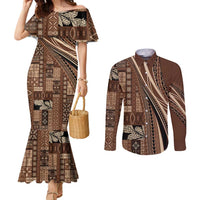 Pasifika Women's Day - Samoa Siapo Malu Tattoo Inspired Couples Matching Mermaid Dress and Long Sleeve Button Shirt Brown