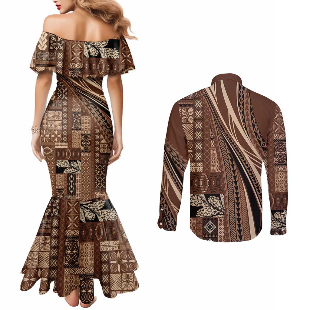 Pasifika Women's Day - Samoa Siapo Malu Tattoo Inspired Couples Matching Mermaid Dress and Long Sleeve Button Shirt Brown