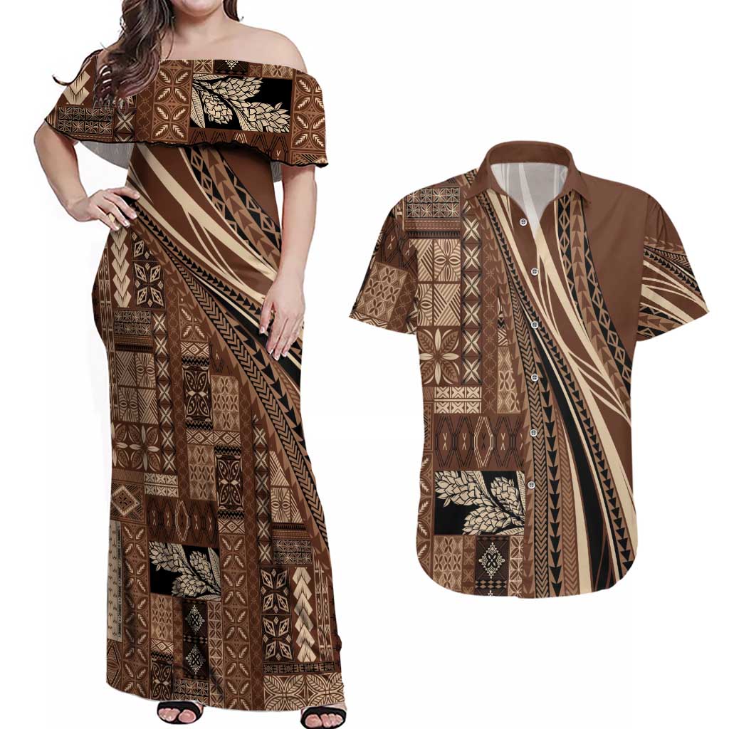 Pasifika Women's Day - Samoa Siapo Malu Tattoo Inspired Couples Matching Off Shoulder Maxi Dress and Hawaiian Shirt Brown
