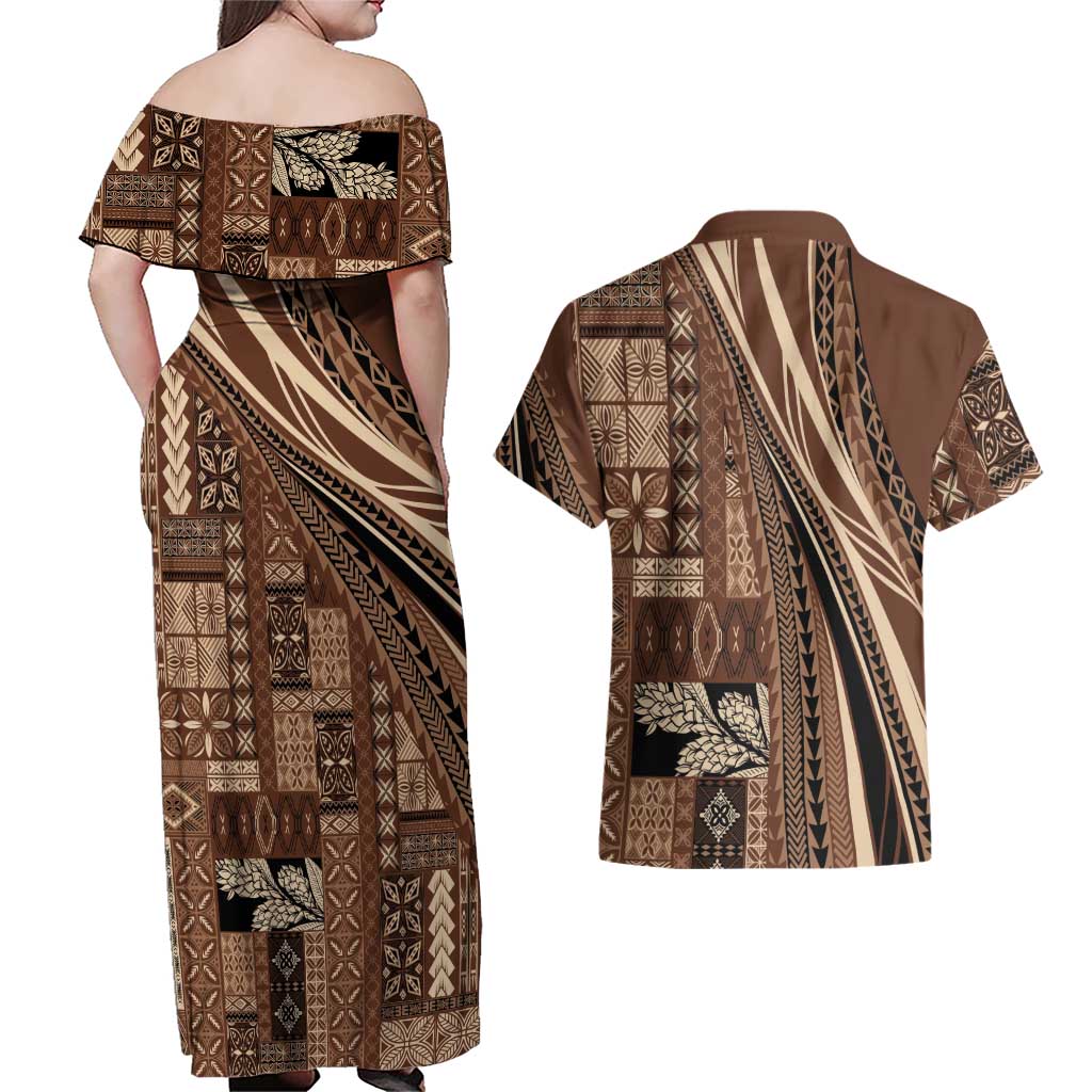 Pasifika Women's Day - Samoa Siapo Malu Tattoo Inspired Couples Matching Off Shoulder Maxi Dress and Hawaiian Shirt Brown