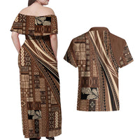 Pasifika Women's Day - Samoa Siapo Malu Tattoo Inspired Couples Matching Off Shoulder Maxi Dress and Hawaiian Shirt Brown