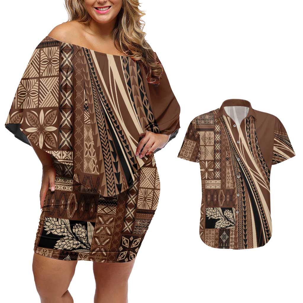 Pasifika Women's Day - Samoa Siapo Malu Tattoo Inspired Couples Matching Off Shoulder Short Dress and Hawaiian Shirt Brown