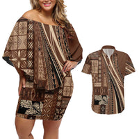 Pasifika Women's Day - Samoa Siapo Malu Tattoo Inspired Couples Matching Off Shoulder Short Dress and Hawaiian Shirt Brown