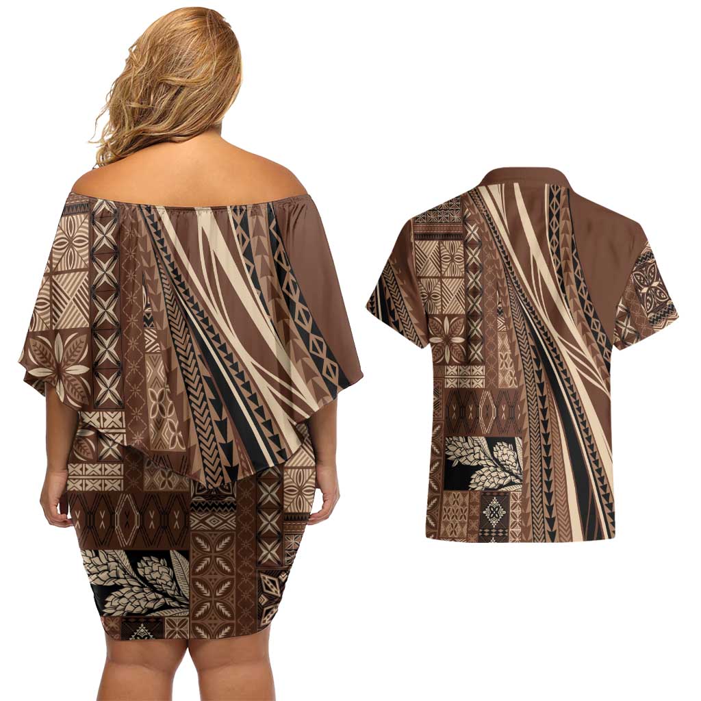 Pasifika Women's Day - Samoa Siapo Malu Tattoo Inspired Couples Matching Off Shoulder Short Dress and Hawaiian Shirt Brown