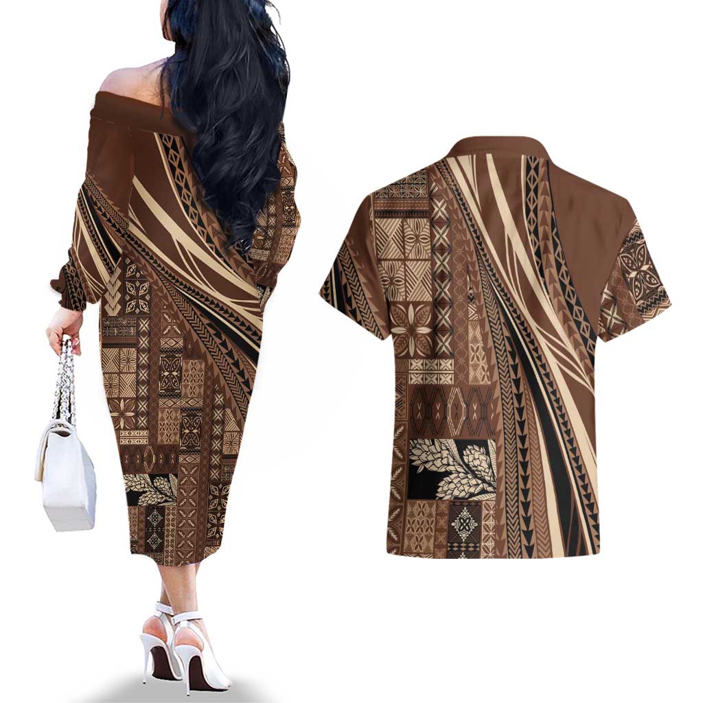 Pasifika Women's Day - Samoa Siapo Malu Tattoo Inspired Couples Matching Off The Shoulder Long Sleeve Dress and Hawaiian Shirt Brown
