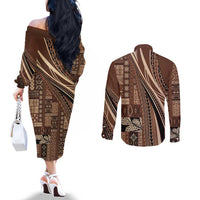 Pasifika Women's Day - Samoa Siapo Malu Tattoo Inspired Couples Matching Off The Shoulder Long Sleeve Dress and Long Sleeve Button Shirt Brown