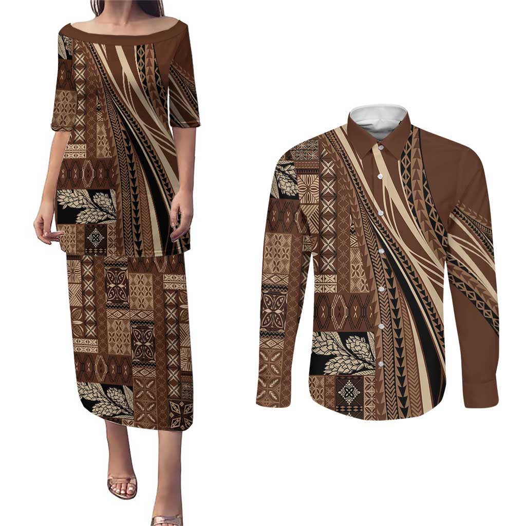 Pasifika Women's Day - Samoa Siapo Malu Tattoo Inspired Couples Matching Puletasi and Long Sleeve Button Shirt Brown