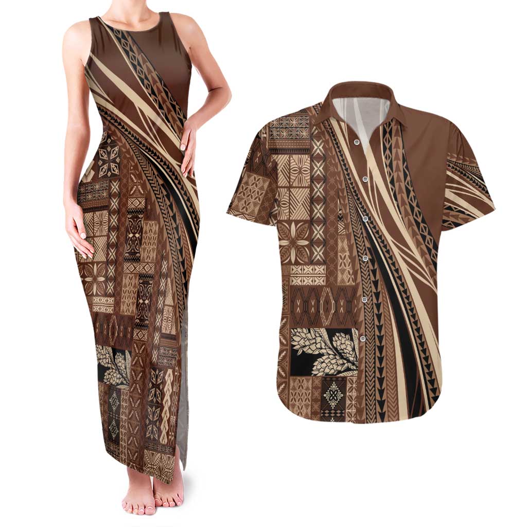 Pasifika Women's Day - Samoa Siapo Malu Tattoo Inspired Couples Matching Tank Maxi Dress and Hawaiian Shirt Brown