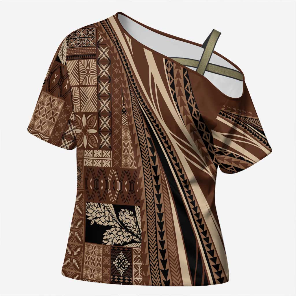 Pasifika Women's Day - Samoa Siapo Malu Tattoo Inspired Cross Shoulder Shirt Brown LT7 Female Brown - Polynesian Pride