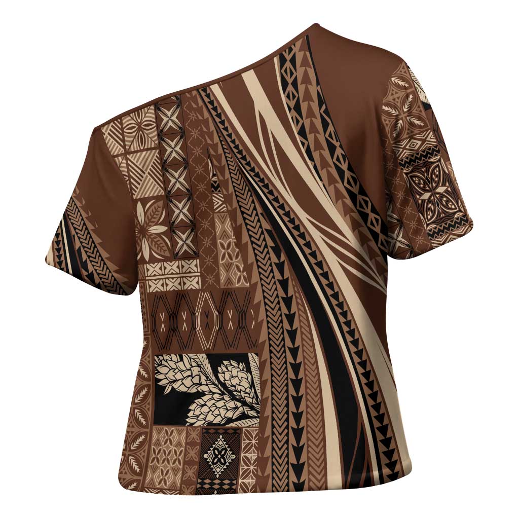 Pasifika Women's Day - Samoa Siapo Malu Tattoo Inspired Cross Shoulder Shirt Brown LT7 - Polynesian Pride