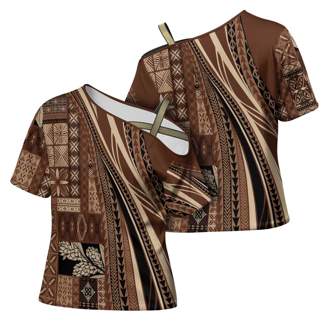Pasifika Women's Day - Samoa Siapo Malu Tattoo Inspired Cross Shoulder Shirt Brown LT7 - Polynesian Pride