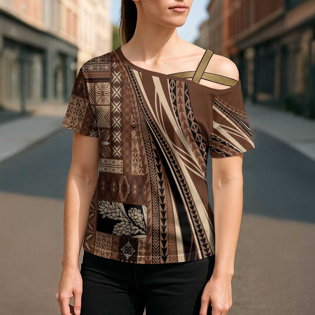Pasifika Women's Day - Samoa Siapo Malu Tattoo Inspired Cross Shoulder Shirt Brown LT7 - Polynesian Pride