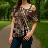 Pasifika Women's Day - Samoa Siapo Malu Tattoo Inspired Cross Shoulder Shirt Brown LT7 - Polynesian Pride