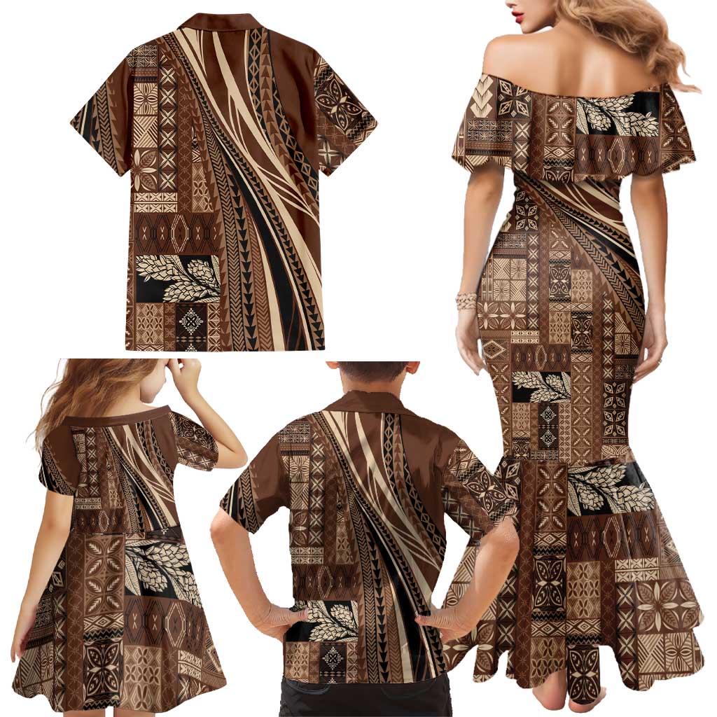 Pasifika Women's Day - Samoa Siapo Malu Tattoo Inspired Family Matching Mermaid Dress and Hawaiian Shirt Brown