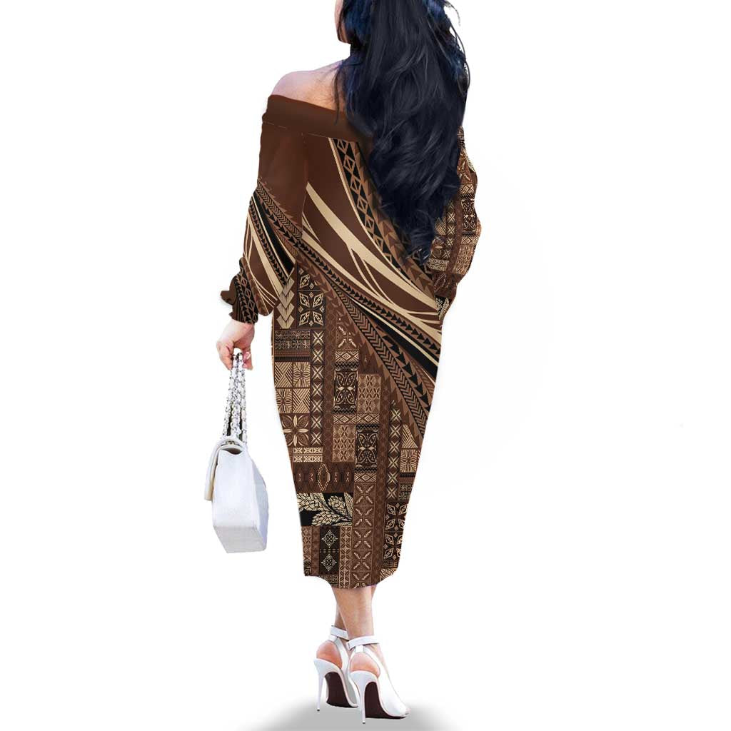 Pasifika Women's Day - Samoa Siapo Malu Tattoo Inspired Family Matching Off The Shoulder Long Sleeve Dress and Hawaiian Shirt Brown
