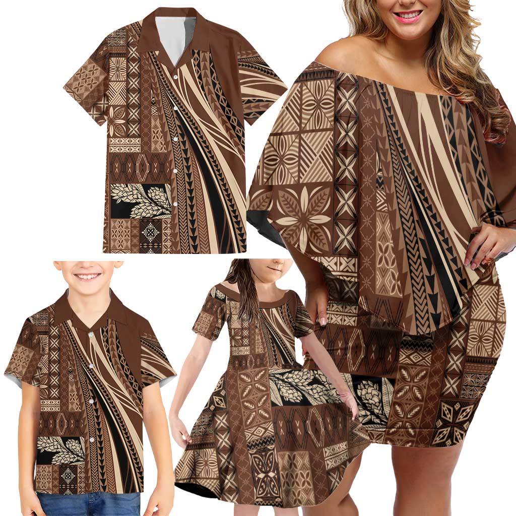 Pasifika Women's Day - Samoa Siapo Malu Tattoo Inspired Family Matching Off Shoulder Short Dress and Hawaiian Shirt Brown