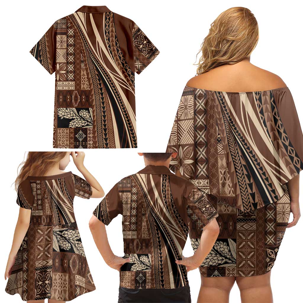 Pasifika Women's Day - Samoa Siapo Malu Tattoo Inspired Family Matching Off Shoulder Short Dress and Hawaiian Shirt Brown