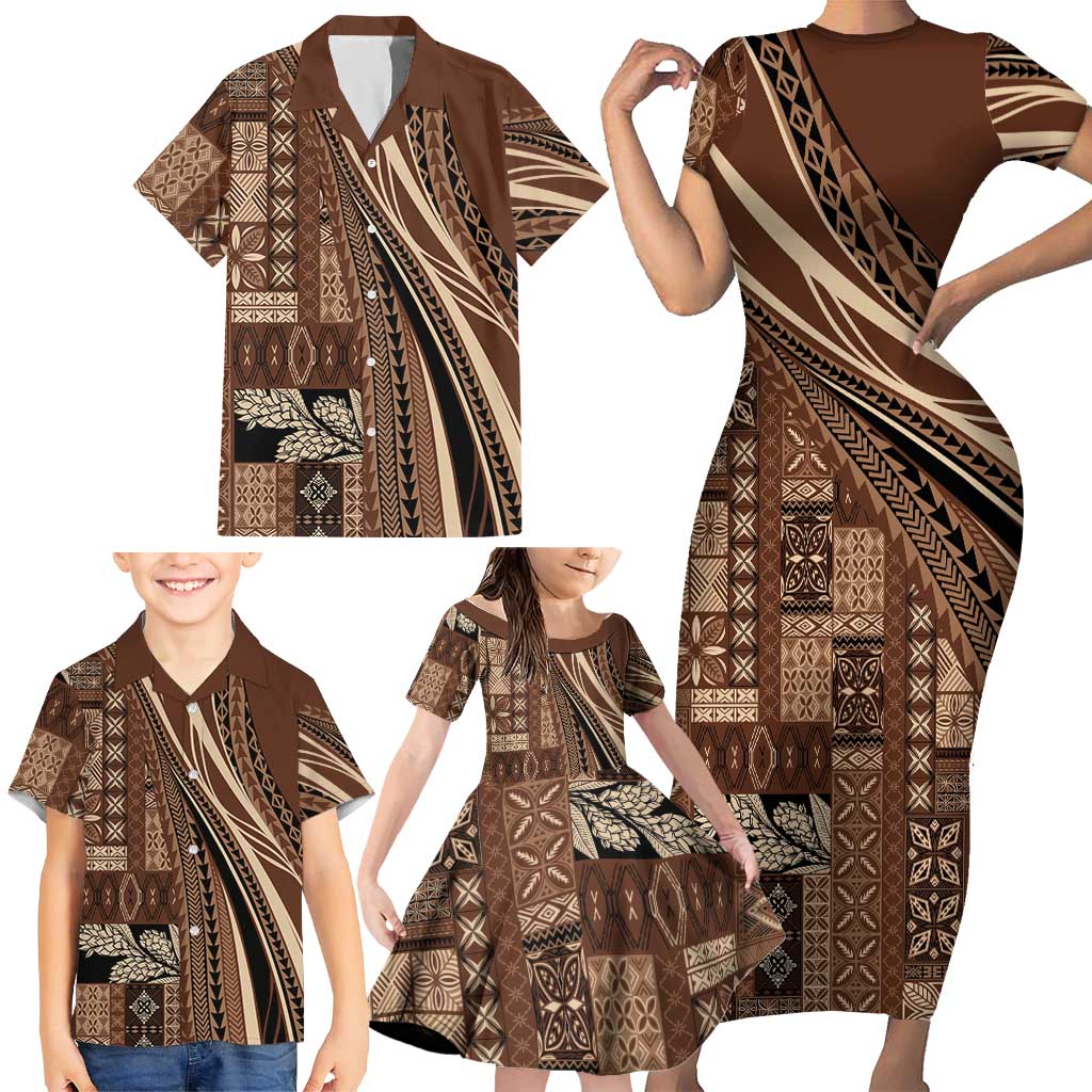 Pasifika Women's Day - Samoa Siapo Malu Tattoo Inspired Family Matching Short Sleeve Bodycon Dress and Hawaiian Shirt Brown