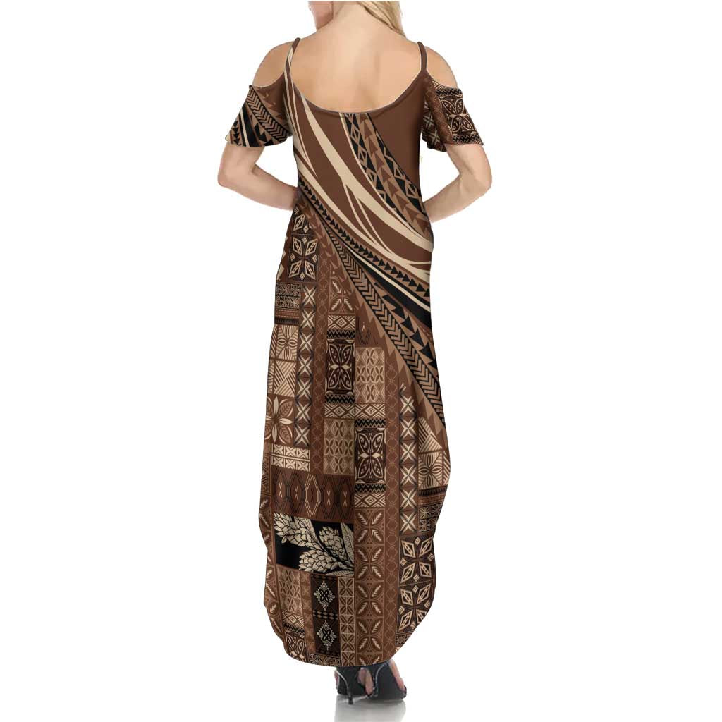 Pasifika Women's Day - Samoa Siapo Malu Tattoo Inspired Family Matching Summer Maxi Dress and Hawaiian Shirt Brown