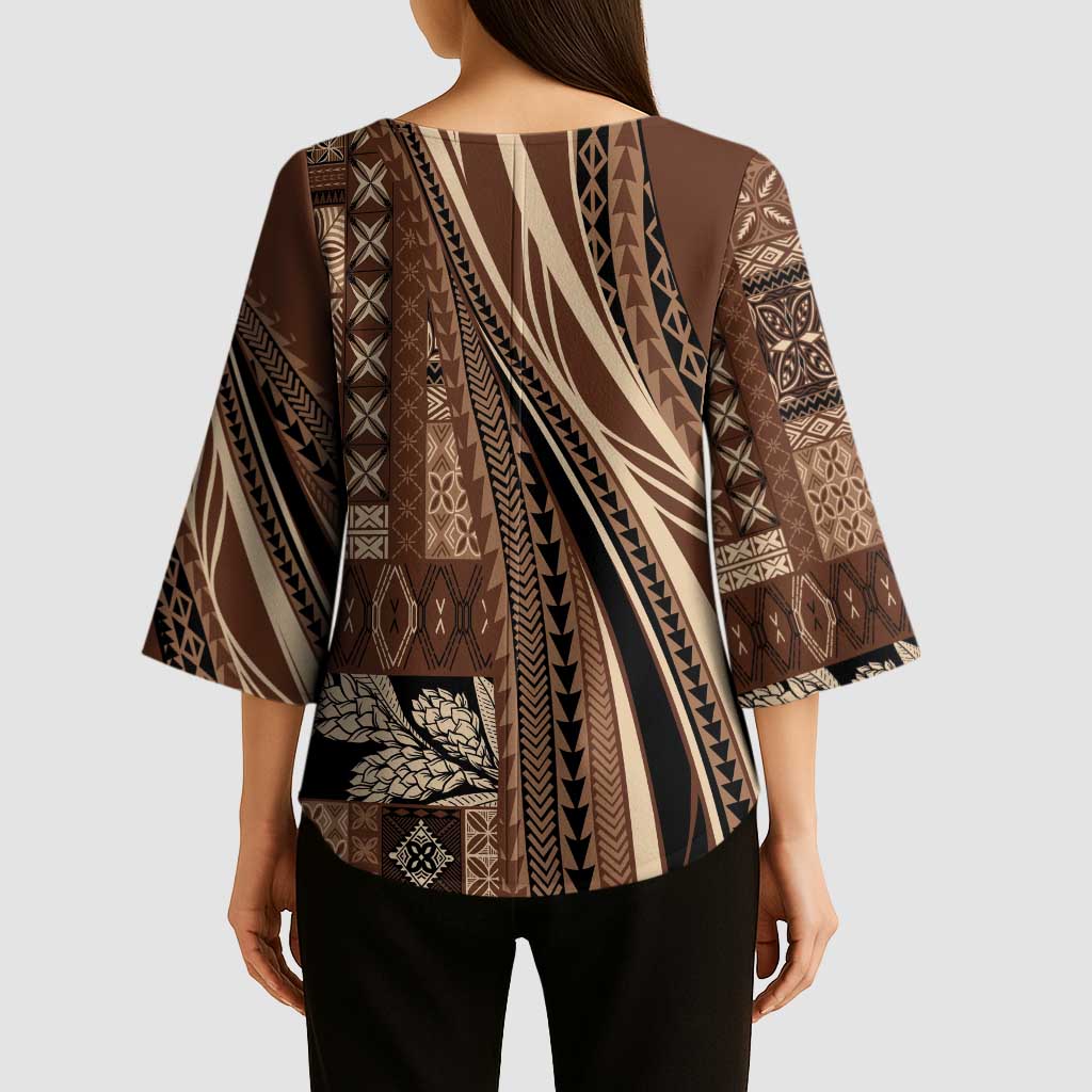 Pasifika Women's Day - Samoa Siapo Malu Tattoo Inspired Kimono Sleeve Blouse Brown
