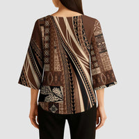 Pasifika Women's Day - Samoa Siapo Malu Tattoo Inspired Kimono Sleeve Blouse Brown