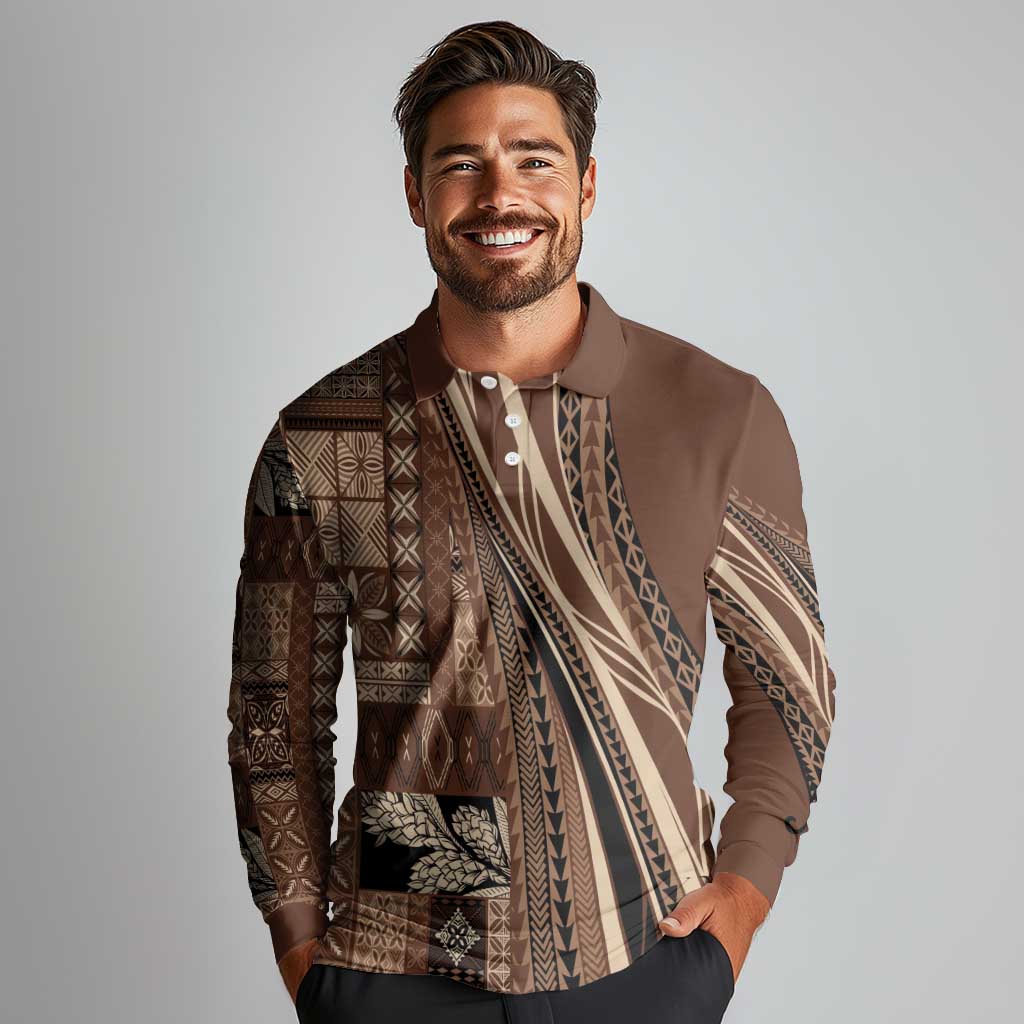 Pasifika Women's Day - Samoa Siapo Malu Tattoo Inspired Long Sleeve Polo Shirt Brown