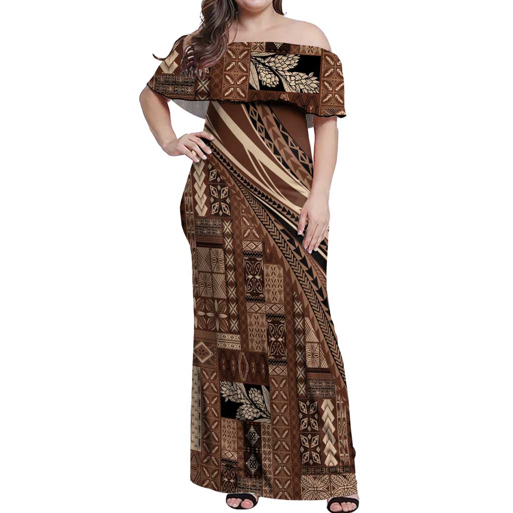 Pasifika Women's Day - Samoa Siapo Malu Tattoo Inspired Off Shoulder Maxi Dress Brown