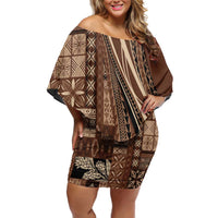 Pasifika Women's Day - Samoa Siapo Malu Tattoo Inspired Off Shoulder Short Dress Brown LT7 Women Brown - Polynesian Pride