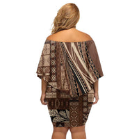 Pasifika Women's Day - Samoa Siapo Malu Tattoo Inspired Off Shoulder Short Dress Brown LT7 - Polynesian Pride