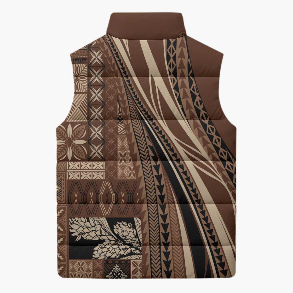 Pasifika Women's Day - Samoa Siapo Malu Tattoo Inspired Sleeveless Puffer Jacket Brown