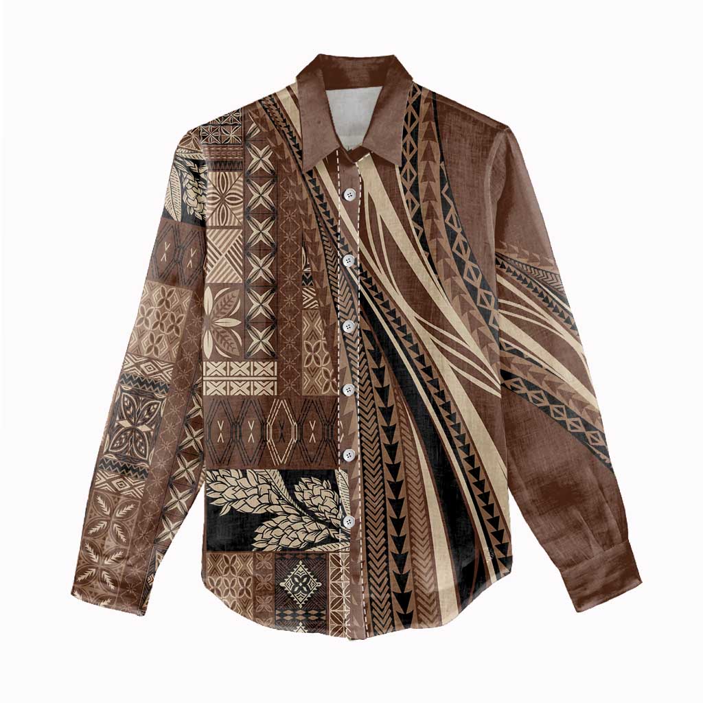 Pasifika Women's Day - Samoa Siapo Malu Tattoo Inspired Women Casual Shirt Brown