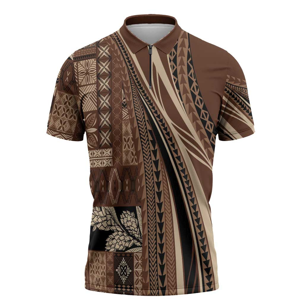 Pasifika Women's Day - Samoa Siapo Malu Tattoo Inspired Zipper Polo Shirt Brown