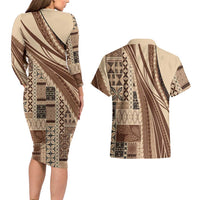 Pasifika Women's Day - Samoa Siapo Malu Tattoo Inspired Couples Matching Long Sleeve Bodycon Dress and Hawaiian Shirt Beige