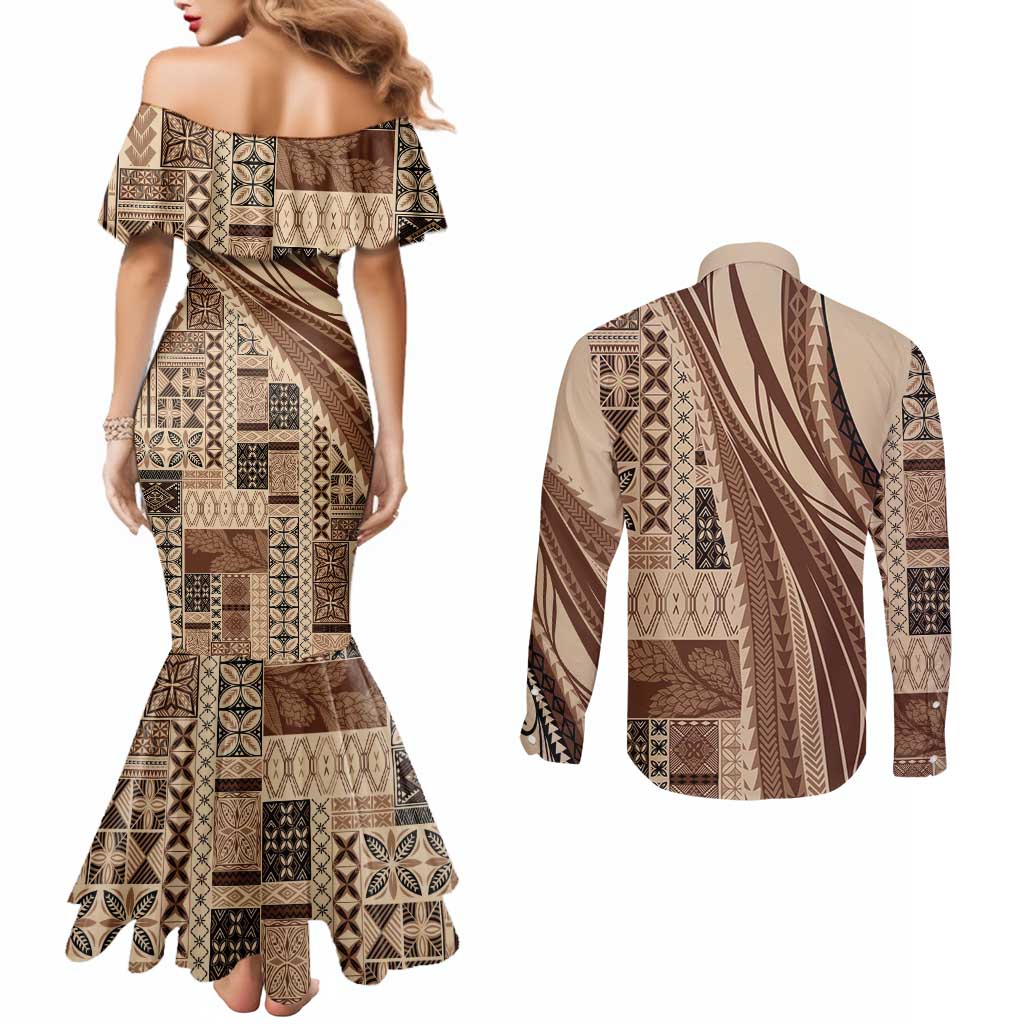 Pasifika Women's Day - Samoa Siapo Malu Tattoo Inspired Couples Matching Mermaid Dress and Long Sleeve Button Shirt Beige