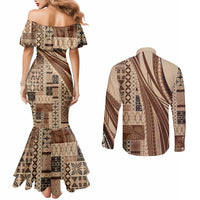 Pasifika Women's Day - Samoa Siapo Malu Tattoo Inspired Couples Matching Mermaid Dress and Long Sleeve Button Shirt Beige