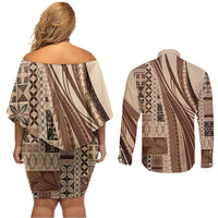 Pasifika Women's Day - Samoa Siapo Malu Tattoo Inspired Couples Matching Off Shoulder Short Dress and Long Sleeve Button Shirt Beige