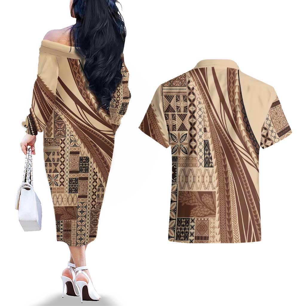 Pasifika Women's Day - Samoa Siapo Malu Tattoo Inspired Couples Matching Off The Shoulder Long Sleeve Dress and Hawaiian Shirt Beige