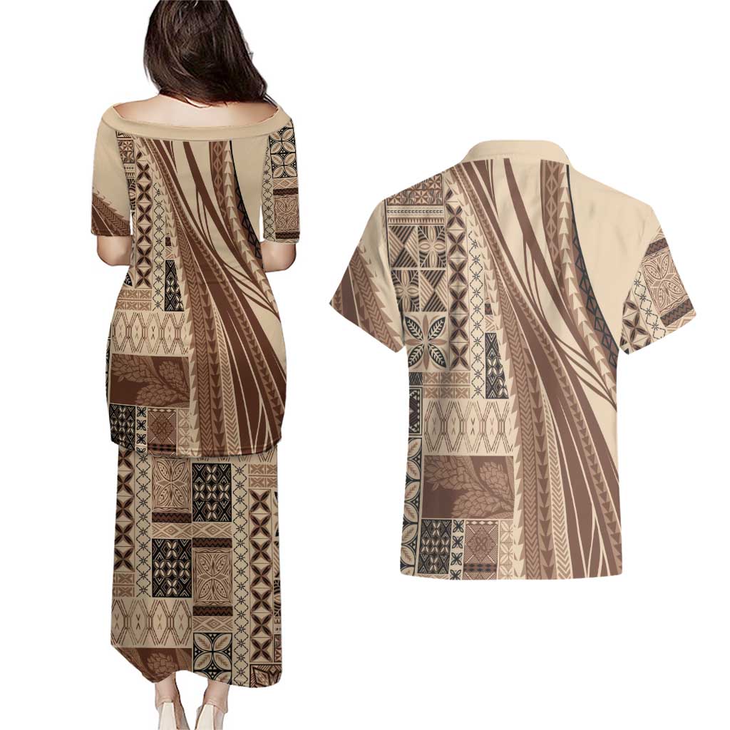 Pasifika Women's Day - Samoa Siapo Malu Tattoo Inspired Couples Matching Puletasi and Hawaiian Shirt Beige