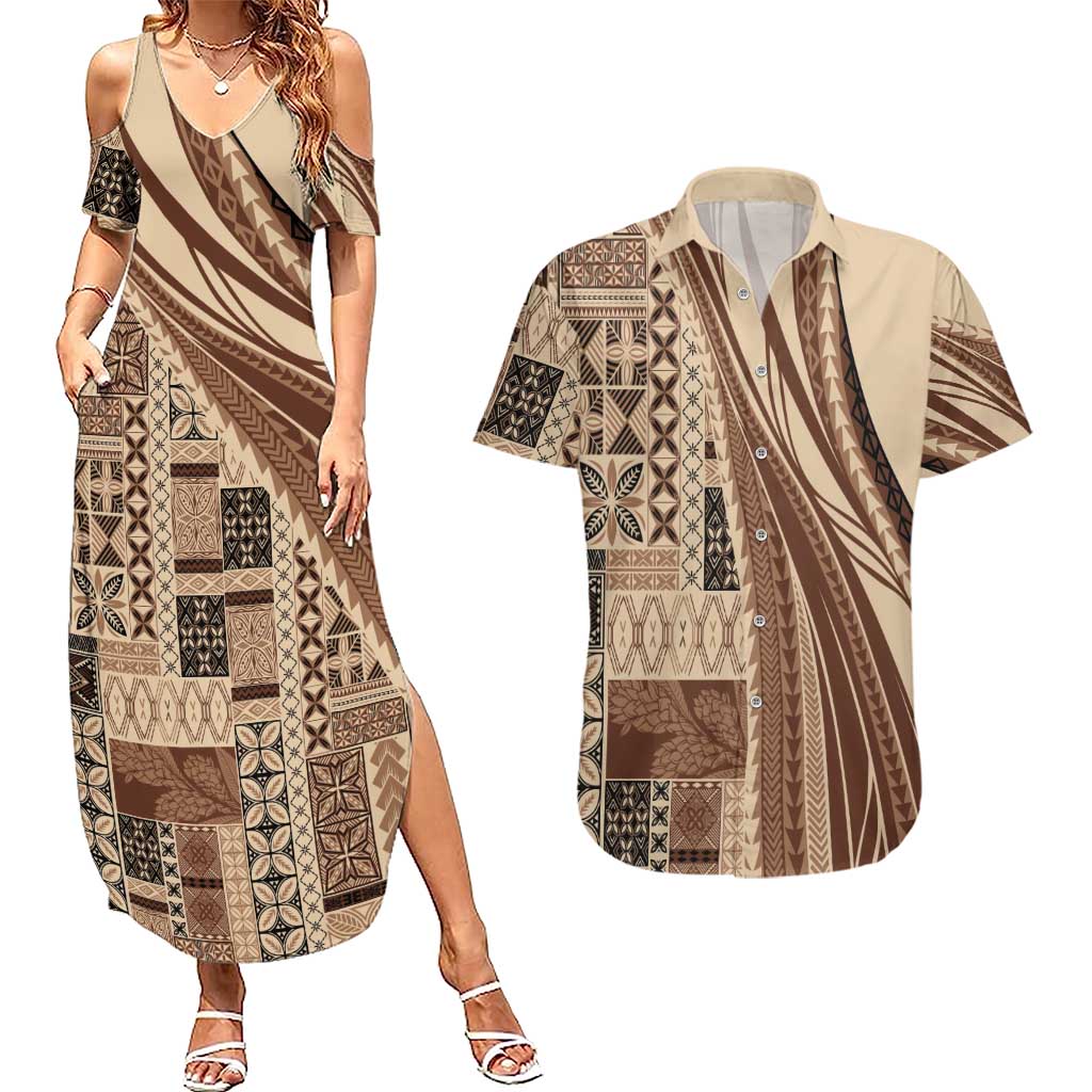 Pasifika Women's Day - Samoa Siapo Malu Tattoo Inspired Couples Matching Summer Maxi Dress and Hawaiian Shirt Beige