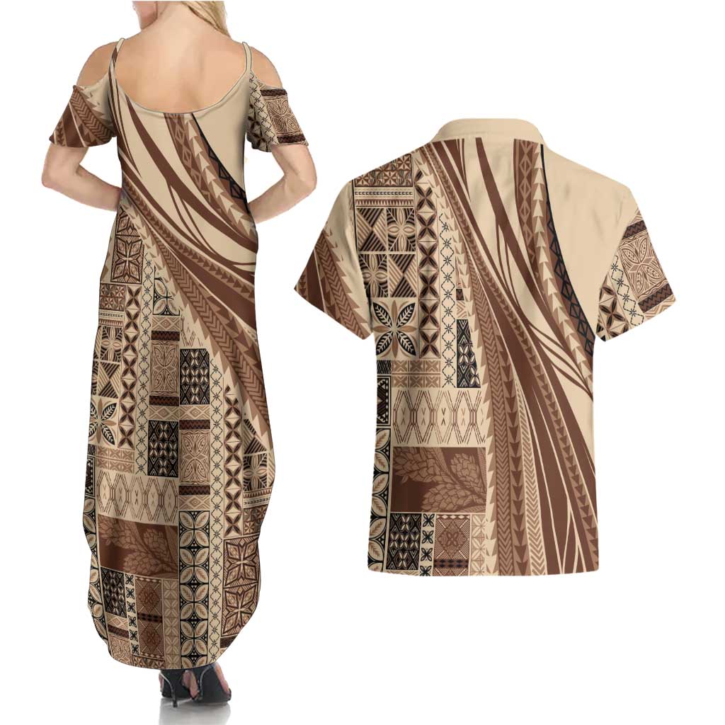 Pasifika Women's Day - Samoa Siapo Malu Tattoo Inspired Couples Matching Summer Maxi Dress and Hawaiian Shirt Beige