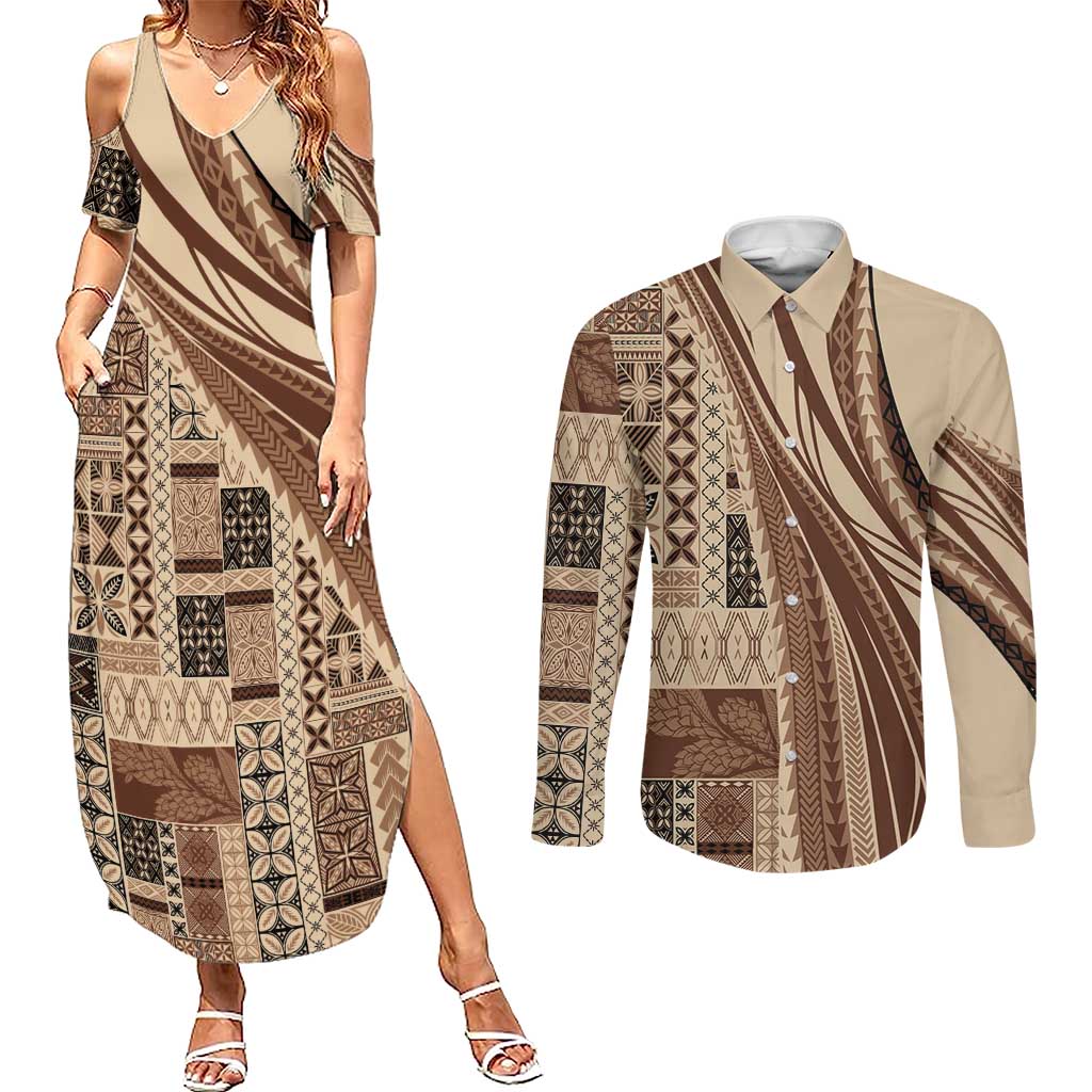 Pasifika Women's Day - Samoa Siapo Malu Tattoo Inspired Couples Matching Summer Maxi Dress and Long Sleeve Button Shirt Beige