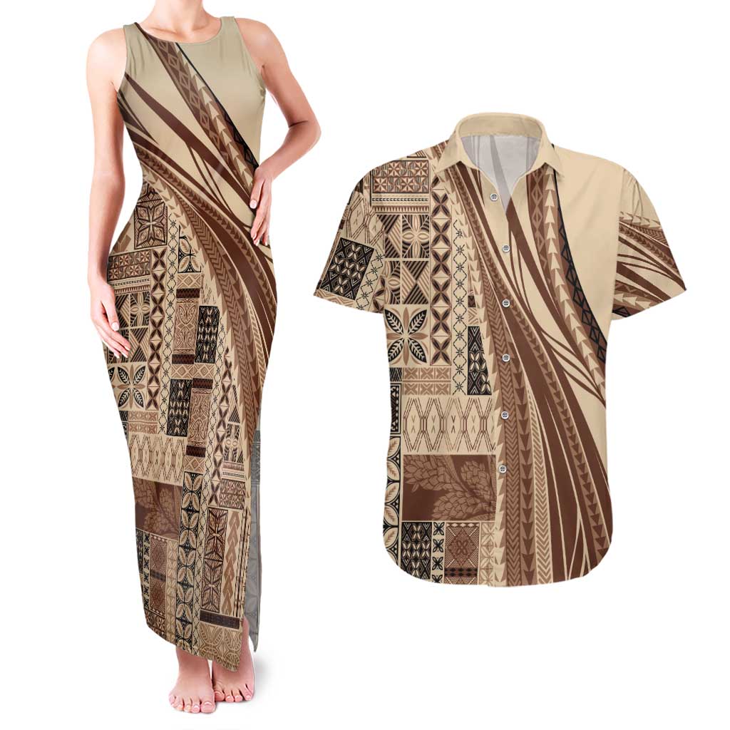 Pasifika Women's Day - Samoa Siapo Malu Tattoo Inspired Couples Matching Tank Maxi Dress and Hawaiian Shirt Beige