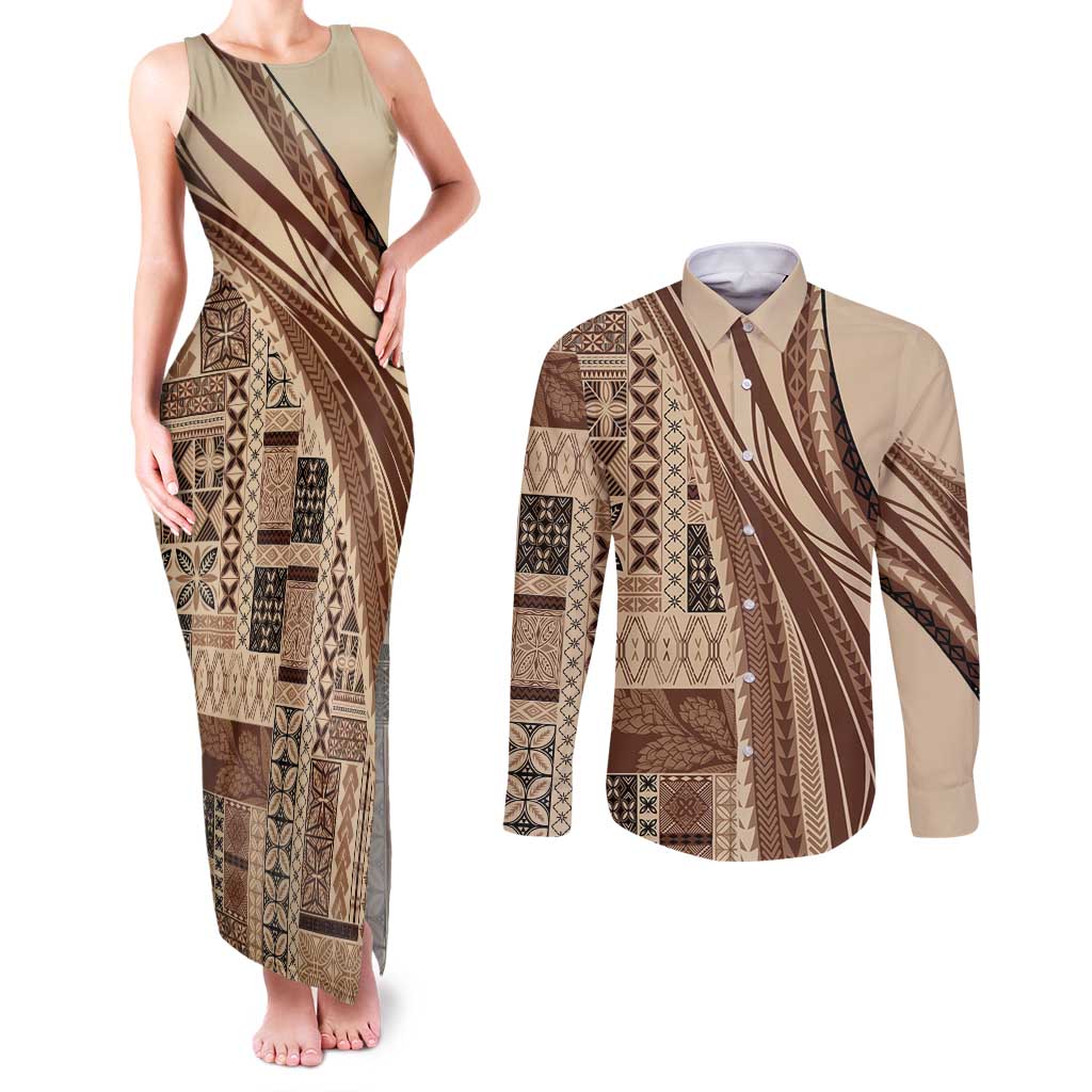 Pasifika Women's Day - Samoa Siapo Malu Tattoo Inspired Couples Matching Tank Maxi Dress and Long Sleeve Button Shirt Beige