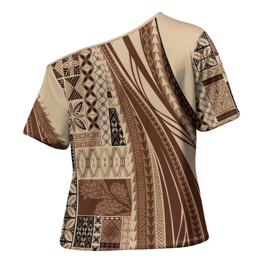 Pasifika Women's Day - Samoa Siapo Malu Tattoo Inspired Cross Shoulder Shirt Beige