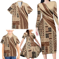 Pasifika Women's Day - Samoa Siapo Malu Tattoo Inspired Family Matching Long Sleeve Bodycon Dress and Hawaiian Shirt Beige